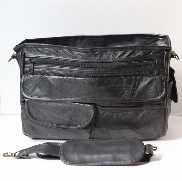 Vintage Black Leather Multi-Pocket Messenger Bag- Pre-owned - Picture 1 of 15